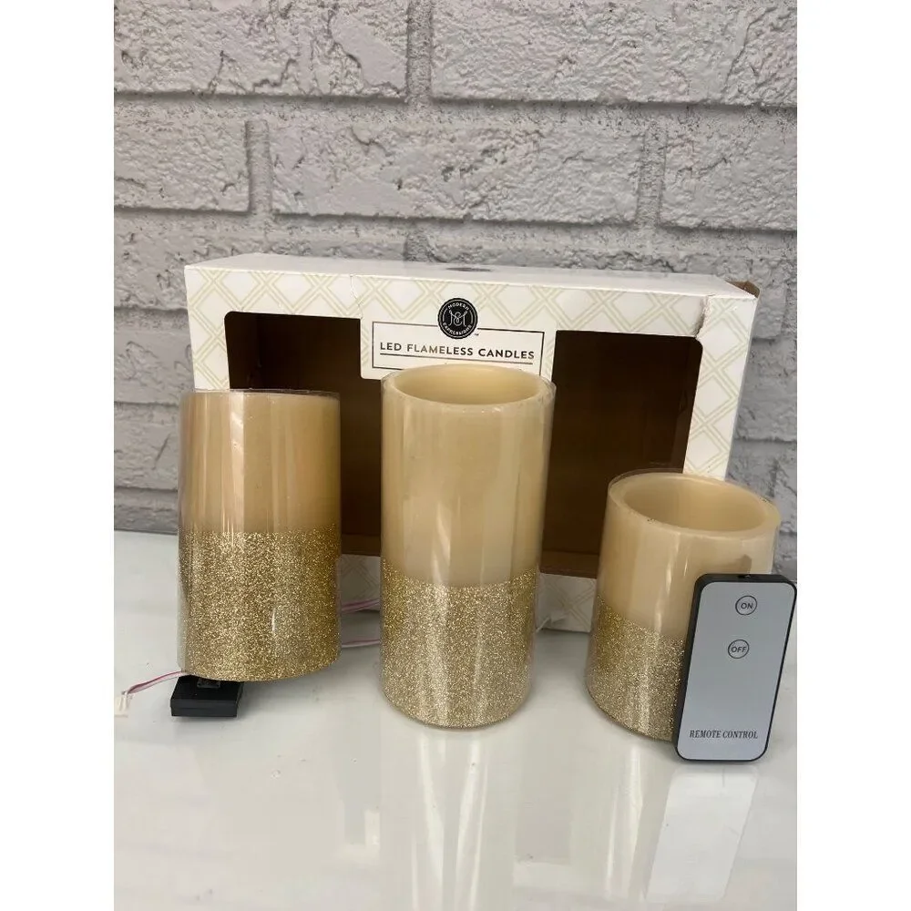 Modern Expressions Led Flameless Gold Candles Lot Of 3 With Remote Control